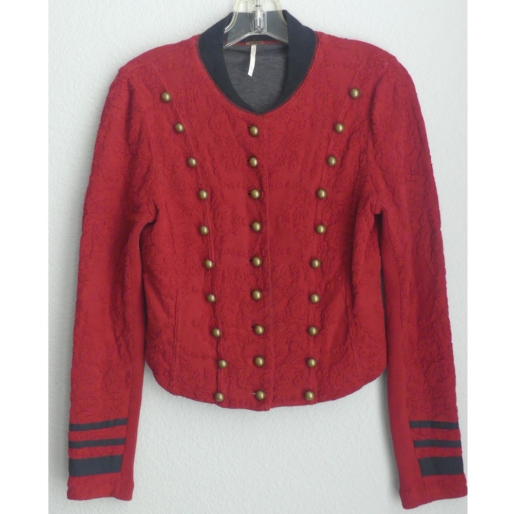 Free People Red Textured Knit Military Band Crop Jacket Brass Buttons Womens M